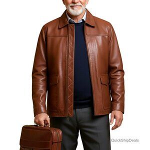 Vintage Lambskin Leather Jacket Men's Classic Fit Snap Pockets